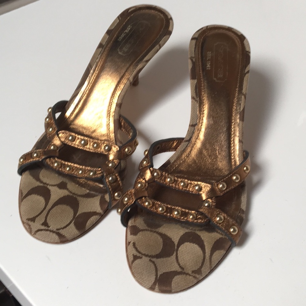 Coach Heeled Leather and Canvas Heeled Sandals 9.5